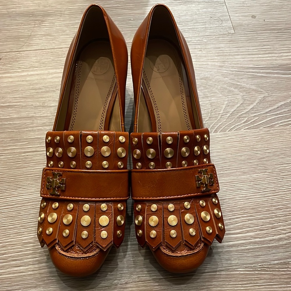 Tory Burch Brown Leather Studded Kiltie Loafers